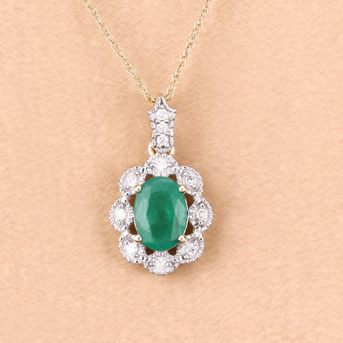 Bids.com 0.79 Carat Genuine Zambian Emerald and White Diamond 10K Yellow Gold Pendant Pendants