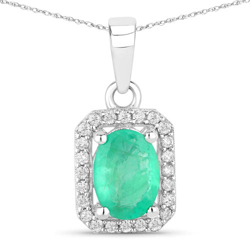 Bids.com 0.83 Carat Genuine Zambian Emerald and White Diamond 10K White Gold Pendant Pendants