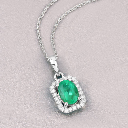 Bids.com 0.83 Carat Genuine Zambian Emerald and White Diamond 10K White Gold Pendant Pendants
