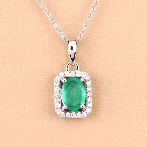 Bids.com 0.83 Carat Genuine Zambian Emerald and White Diamond 10K White Gold Pendant Pendants