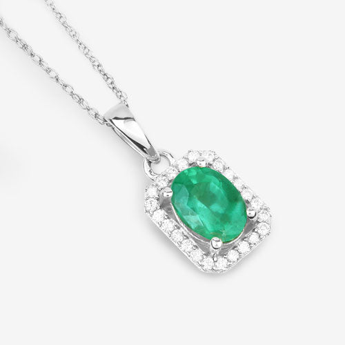 Bids.com 0.83 Carat Genuine Zambian Emerald and White Diamond 10K White Gold Pendant Pendants