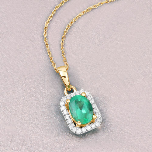 Bids.com 0.83 Carat Genuine Zambian Emerald and White Diamond 10K Yellow Gold Pendant Pendants