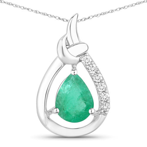 Bids.com 1.18 Carat Genuine Zambian Emerald and White Diamond 10K White Gold Pendant Pendants