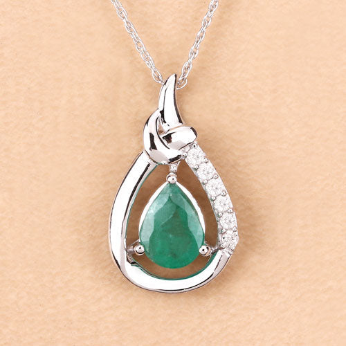 Bids.com 1.18 Carat Genuine Zambian Emerald and White Diamond 10K White Gold Pendant Pendants