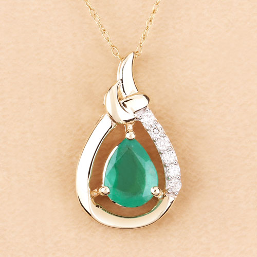 Bids.com 1.18 Carat Genuine Zambian Emerald and White Diamond 10K Yellow Gold Pendant Pendants