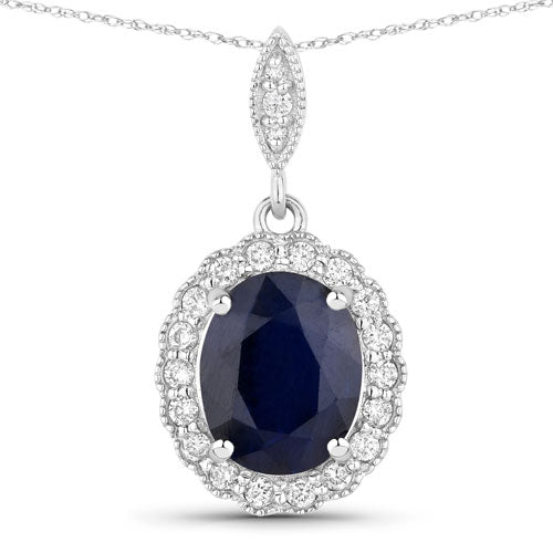Bids.com 3.38 Carat Genuine Blue Sapphire and White Diamond 14K White Gold Pendant Pendants
