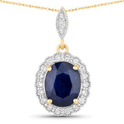 Bids.com 3.38 Carat Genuine Blue Sapphire and White Diamond 14K Yellow Gold Pendant Pendants