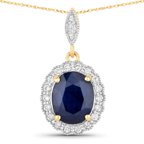Bids.com 3.38 Carat Genuine Blue Sapphire and White Diamond 14K Yellow Gold Pendant Pendants