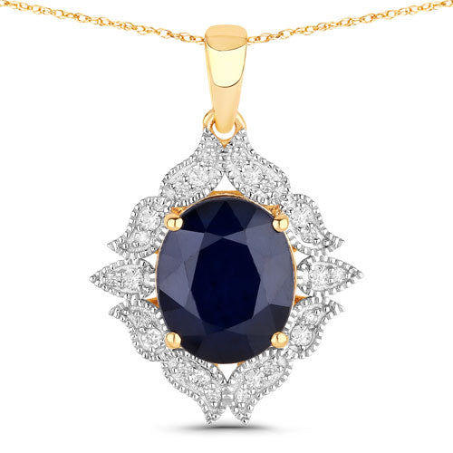 Bids.com 6.44 Carat Genuine Blue Sapphire and White Diamond 14K Yellow Gold Pendant Pendants