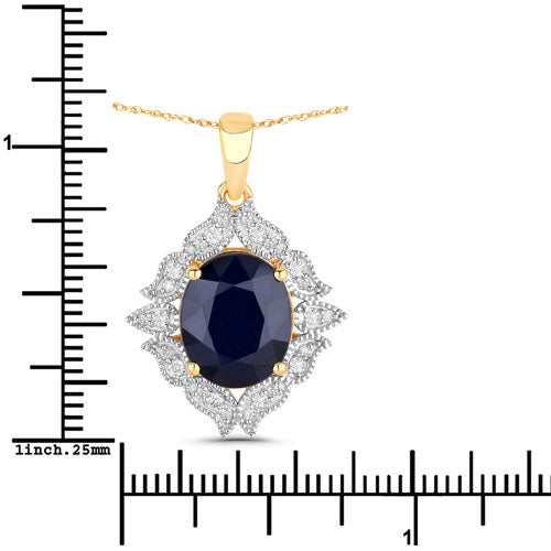 Bids.com 6.44 Carat Genuine Blue Sapphire and White Diamond 14K Yellow Gold Pendant Pendants