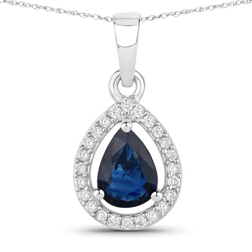 Bids.com 0.91 Carat Genuine Blue Sapphire and White Diamond 14K White Gold Pendant Pendants