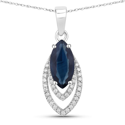 Bids.com 1.42 Carat Genuine Blue Sapphire and White Diamond 14K White Gold Pendant Pendants