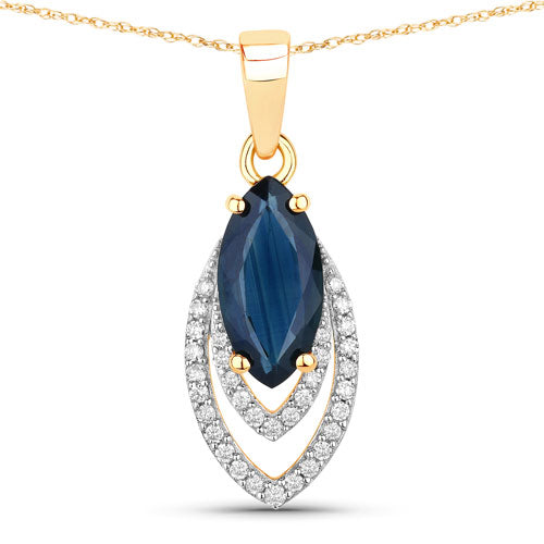 Bids.com 1.42 Carat Genuine Blue Sapphire and White Diamond 14K Yellow Gold Pendant Pendants
