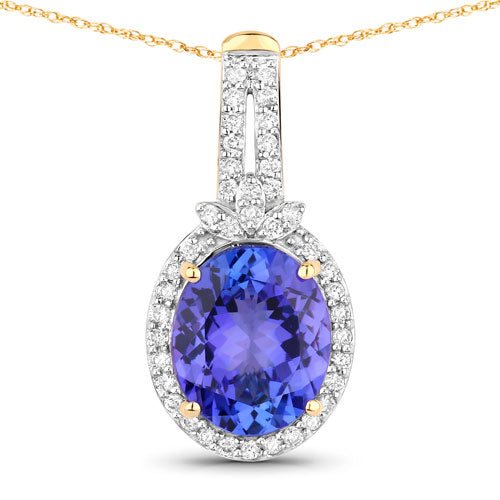 Bids.com 3.74 Carat Genuine Tanzanite and White Diamond 14K Yellow Gold Pendant Pendants