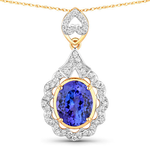 Bids.com 4.40 Carat Genuine Tanzanite and White Diamond 14K Yellow Gold Pendant Pendants