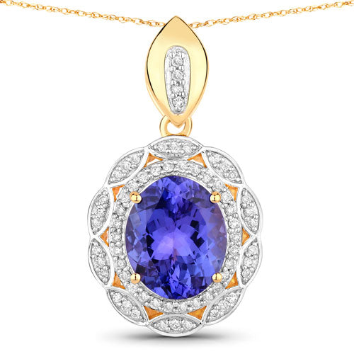 Bids.com 4.13 Carat Genuine Tanzanite and White Diamond 14K Yellow Gold Pendant Pendants