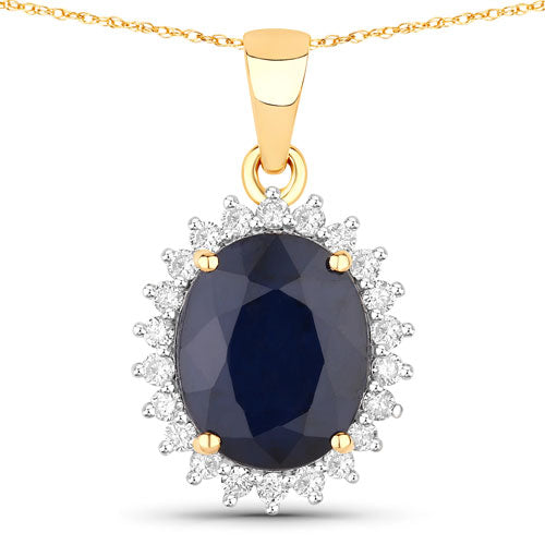 Bids.com 4.63 Carat Genuine Blue Sapphire and White Diamond 14K Yellow Gold Pendant Pendants
