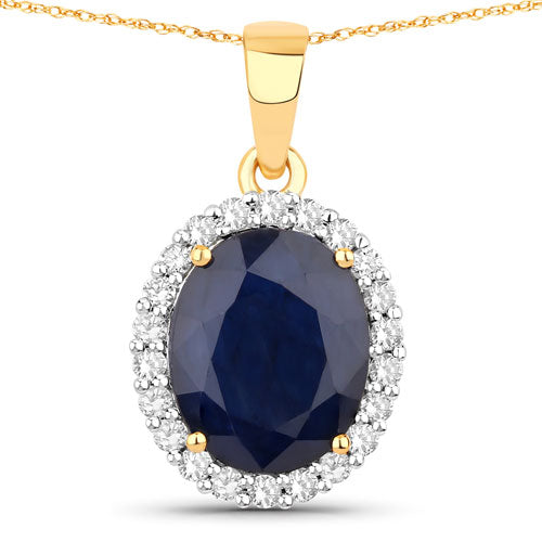 Bids.com 4.63 Carat Genuine Blue Sapphire and White Diamond 14K Yellow Gold Pendant Pendants