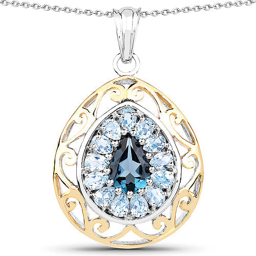 Bids.com 18K Yellow Gold Plated 4.44 Carat Genuine London Blue Topaz and Blue Topaz .925 Sterling Silver Pendant Pendants