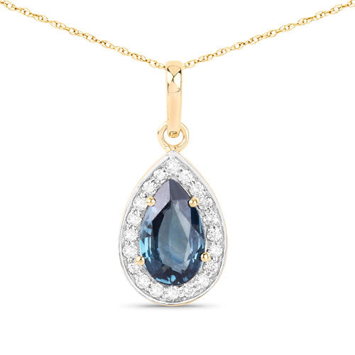 Bids.com 1.53 Carat Genuine Greenish Blue Sapphire and White Diamond 14K Yellow Gold Pendant Pendants