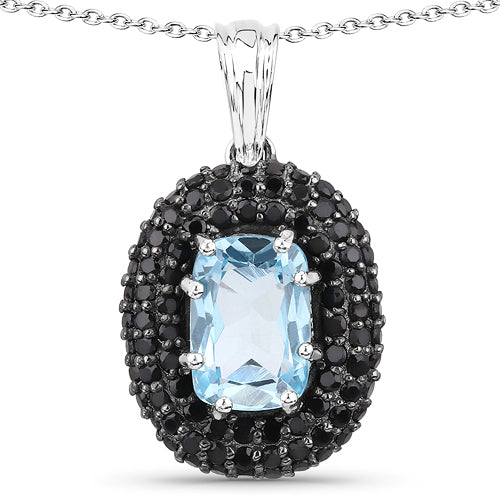 Bids.com 6.70 Carat Genuine Blue Topaz and Black Spinel .925 Sterling Silver Pendant Pendants