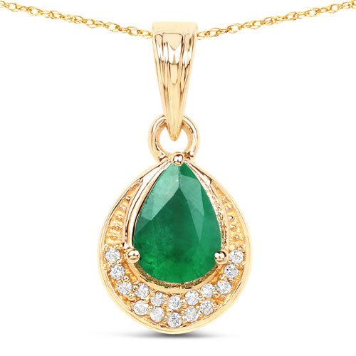 Bids.com 0.89 Carat Genuine Zambian Emerald and White Diamond 14K Yellow Gold Pendant Pendants