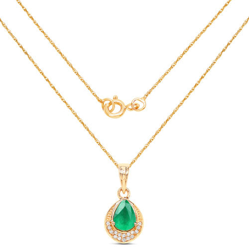 Bids.com 0.89 Carat Genuine Zambian Emerald and White Diamond 14K Yellow Gold Pendant Pendants