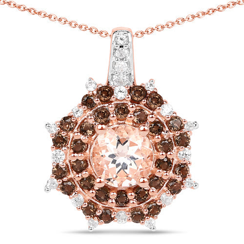 Bids.com 18K Rose Gold Plated 1.61 Carat Genuine Morganite, Smoky Quartz and White Zircon .925 Sterling Silver Pendant Pendants