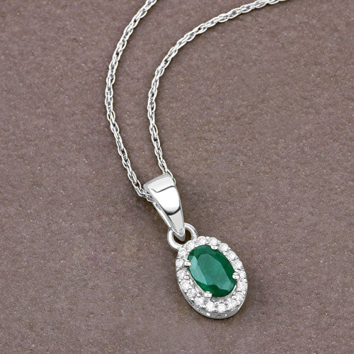 Bids.com 0.81 Carat Genuine Zambian Emerald and White Diamond 14K White Gold Pendant Pendants