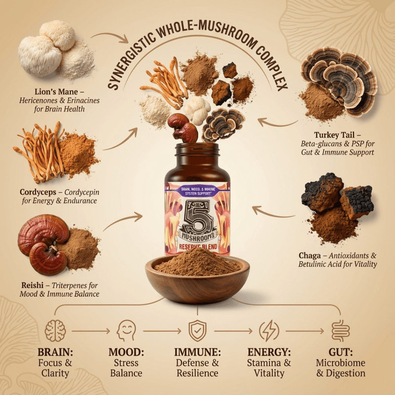 Hippie Farms Premium Immunity, Gut Health, and Brain Cognition Formula - 5 Mushrooms Reserve Blend Vitamins & Supplements