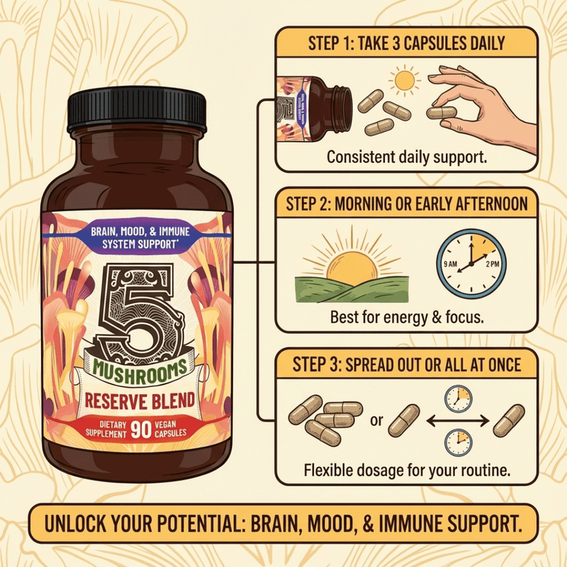Hippie Farms Premium Immunity, Gut Health, and Brain Cognition Formula - 5 Mushrooms Reserve Blend Vitamins & Supplements