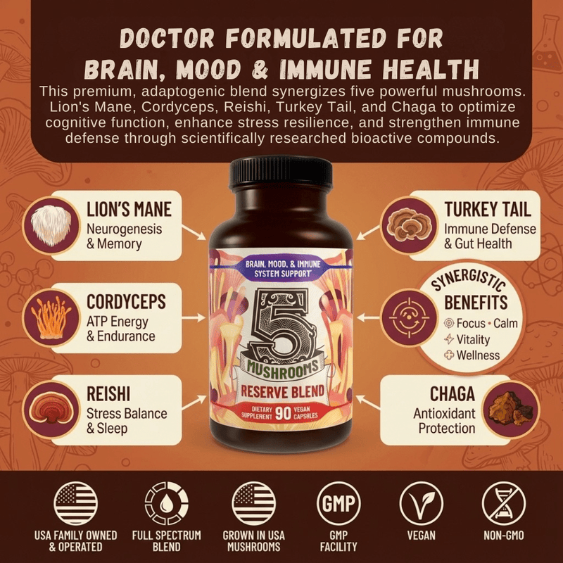 Hippie Farms Premium Immunity, Gut Health, and Brain Cognition Formula - 5 Mushrooms Reserve Blend Vitamins & Supplements