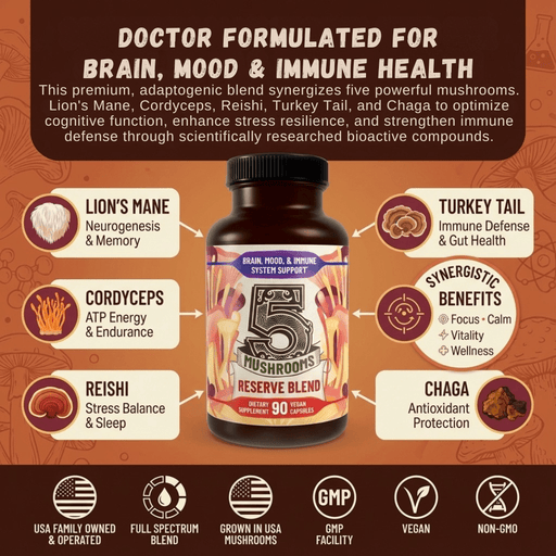 Hippie Farms Premium Immunity, Gut Health, and Brain Cognition Formula - 5 Mushrooms Reserve Blend Vitamins & Supplements