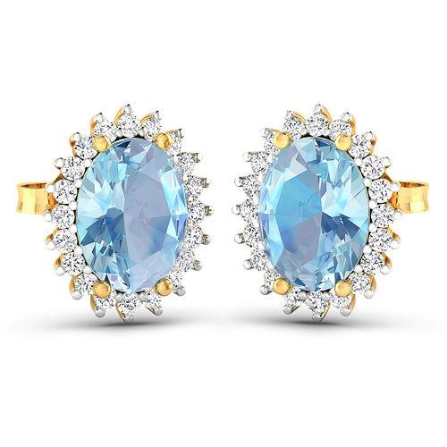 Bids.com 2.36 Carat Genuine Aquamarine and White Diamond 14K Yellow Gold Earrings Earrings