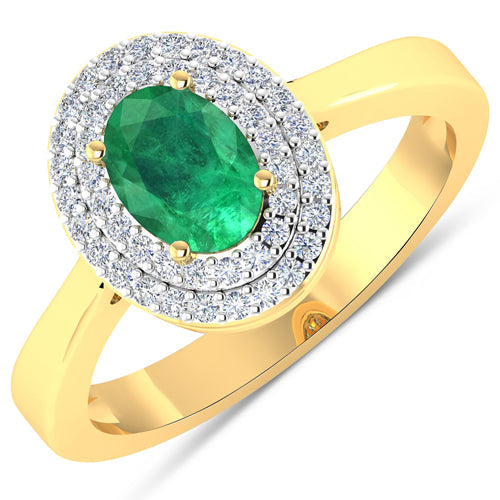 Bids.com 0.88 Carat Genuine Zambian Emerald  and White Diamond 14K Yellow Gold Ring Rings