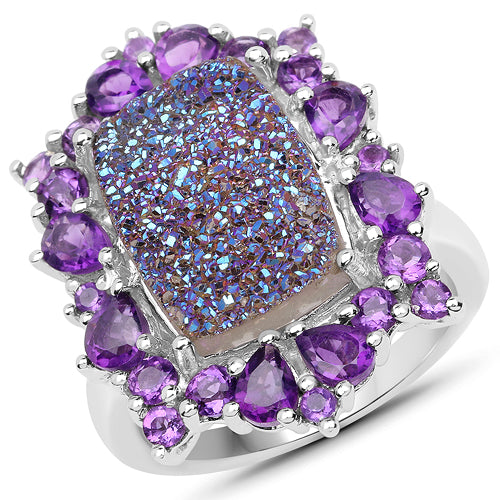 Bids.com 5.97 Carat Genuine Drusy Quartz and Amethyst .925 Sterling Silver Ring Rings