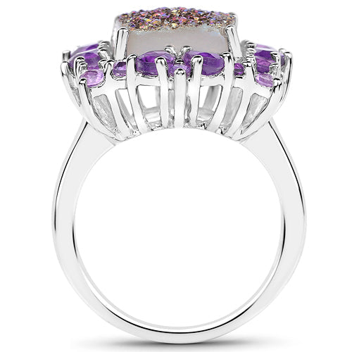 Bids.com 5.97 Carat Genuine Drusy Quartz and Amethyst .925 Sterling Silver Ring Rings