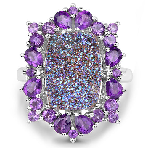 Bids.com 5.97 Carat Genuine Drusy Quartz and Amethyst .925 Sterling Silver Ring Rings