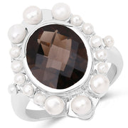 Bids.com 5.75 Carat Genuine Smoky Quartz and Pearl .925 Sterling Silver Ring Rings