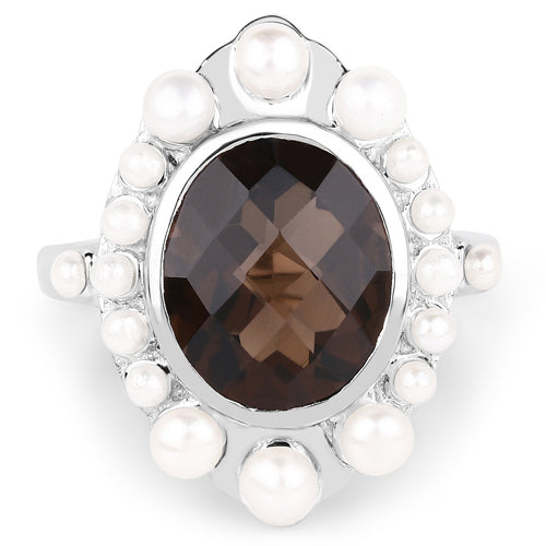 Bids.com 5.75 Carat Genuine Smoky Quartz and Pearl .925 Sterling Silver Ring Rings