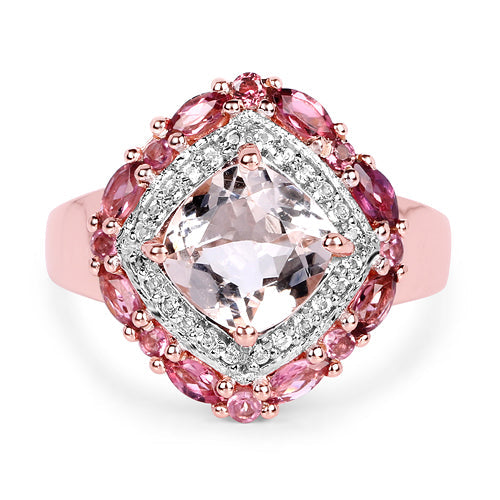 Bids.com 14K Rose Gold Plated 3.11 Carat Genuine Morganite, Pink Tourmaline & White Topaz .925 Sterling Silver Ring Rings