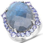Bids.com 13.99 Carat Genuine Labradorite and Tanzanite .925 Sterling Silver Ring Rings
