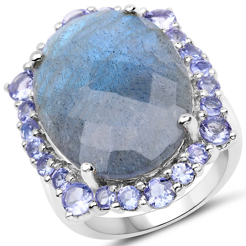 Bids.com 13.99 Carat Genuine Labradorite and Tanzanite .925 Sterling Silver Ring Rings
