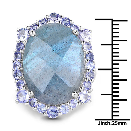 Bids.com 13.99 Carat Genuine Labradorite and Tanzanite .925 Sterling Silver Ring Rings