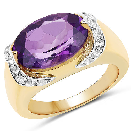 Bids.com 14K Yellow Gold Plated 4.98 Carat Genuine Amethyst and White Topaz .925 Sterling Silver Ring Rings