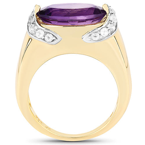 Bids.com 14K Yellow Gold Plated 4.98 Carat Genuine Amethyst and White Topaz .925 Sterling Silver Ring Rings