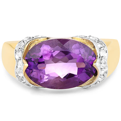 Bids.com 14K Yellow Gold Plated 4.98 Carat Genuine Amethyst and White Topaz .925 Sterling Silver Ring Rings