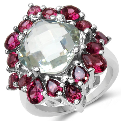 Bids.com 8.61 Carat Genuine Green Amethyst & Rhodolite .925 Sterling Silver Ring Rings