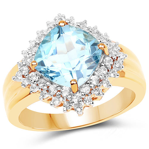 Bids.com 14K Yellow Gold Plated 4.33 Carat Genuine Swiss Blue Topaz and White Topaz .925 Sterling Silver Ring Rings