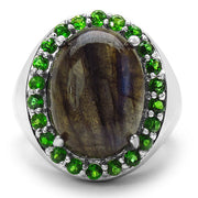 Bids.com 11.90 Carat Genuine Labradorite & Chrome Diopside .925 Sterling Silver Ring Rings